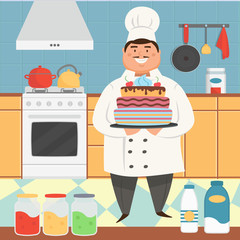 Flat cartoon character chef with cake on a kitchen.Vector illustration. 
