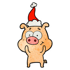 happy textured cartoon of a pig wearing santa hat