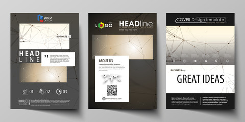 Business templates for brochure, flyer, booklet, report. Cover design template, vector layout in A4 size. Technology, science, medical concept. Golden dots and lines, digital style. Lines plexus.