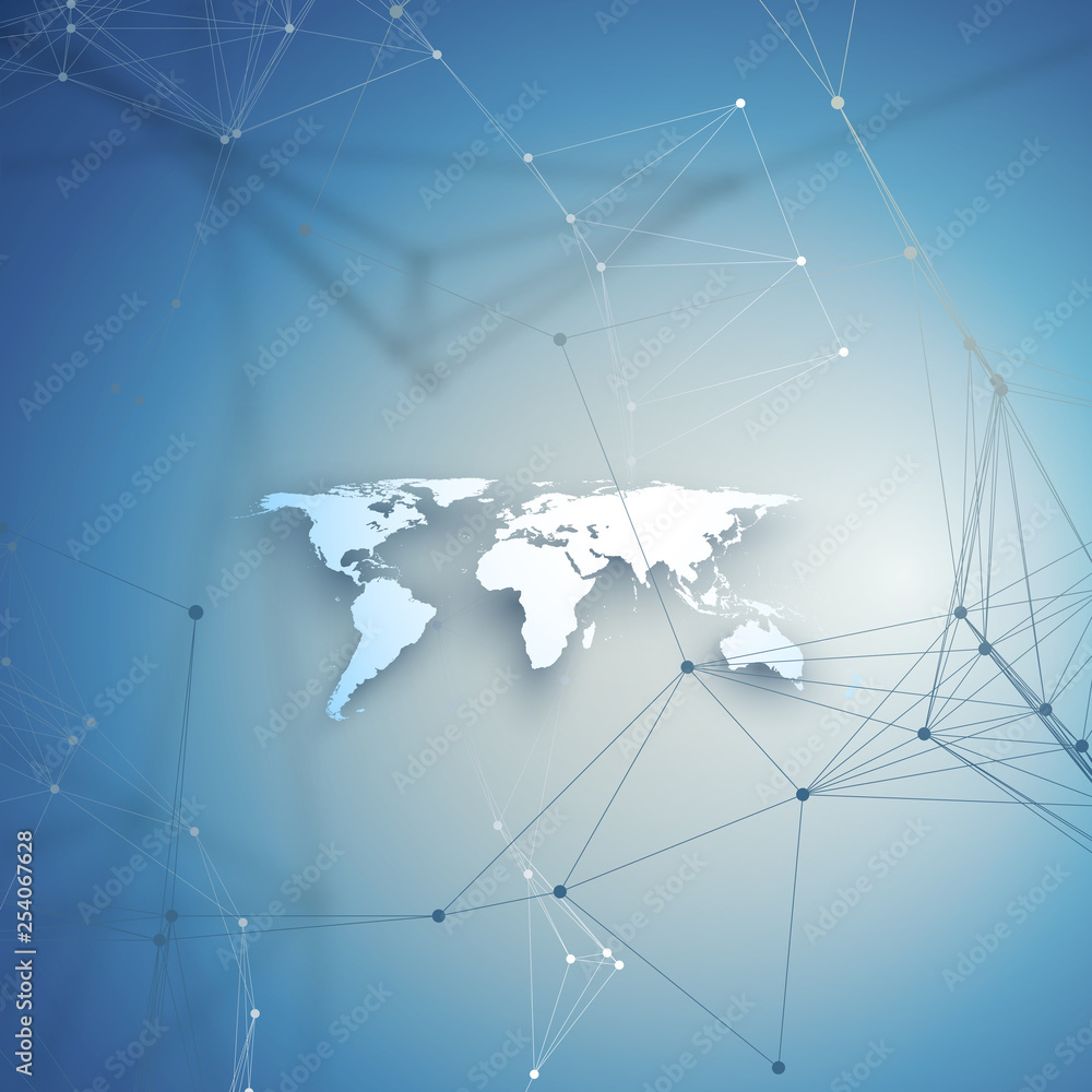 Aufkleber world map in perspective with shadow on blue. abstract global network connections, geometric design 