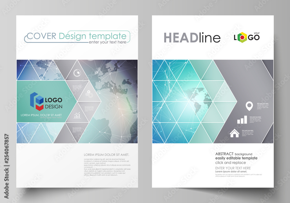Poster the vector illustration of the editable layout of two a4 format covers with triangles design templat