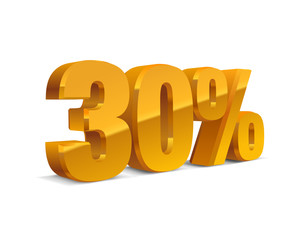 30 percent off, sale background, yellow golden metall object 3D. isolated backgound. Eps10 Vector.