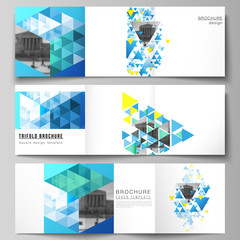 The minimal vector editable layout of square format covers design templates for trifold brochure, flyer, magazine. Blue color polygonal background with triangles, colorful mosaic pattern.