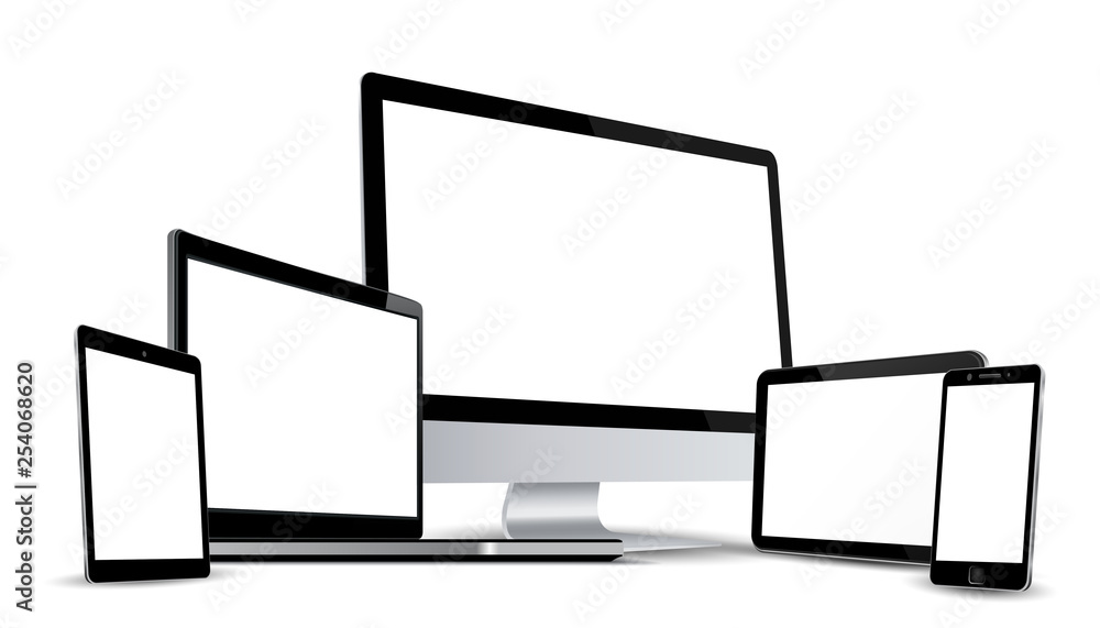 Poster set technology devices with white display, view from the side - vector for stock