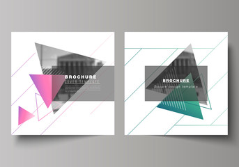 The minimal vector illustration of editable layout of two square format covers design templates for brochure, flyer, magazine. Colorful polygonal background with triangles with modern memphis pattern.
