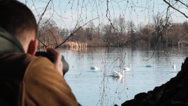 wildlife photographer photographing swans, ducks and other birds