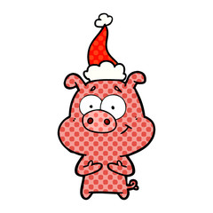 happy comic book style illustration of a pig wearing santa hat