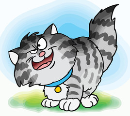Cute fluffy cartoon cat looking wisely vector illustration