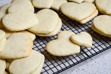 Fototapeta na wymiar Stacks of heart shaped sugar cookies on a black wire cooling rack, granite kitchen counter