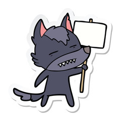 sticker of a cartoon wolf with sign post showing teeth
