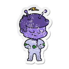 distressed sticker of a friendly cartoon spaceman