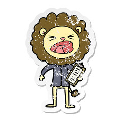 distressed sticker of a cartoon lion salesman