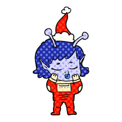 comic book style illustration of a alien girl wearing santa hat