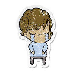 distressed sticker of a cartoon woman crying