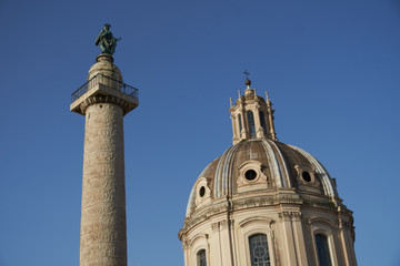 Santi Luca e Martina, church situated between the Roman Forum and the Forum of Caesar, and Trajan's Column (Italian Colonna Traiana), a Roman triumphal column. Rome, Italy