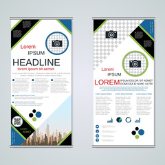 Modern roll-up abstract geometric style business banners, two-sided flyer vector design template