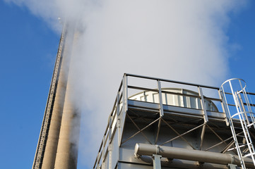 view to cooling tower and chimney of a waste-to-energy plant