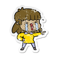 distressed sticker of a cartoon woman in tears