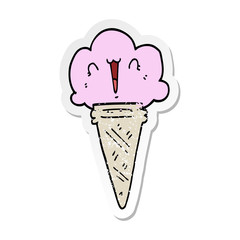 distressed sticker of a cartoon ice cream with face
