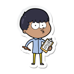 sticker of a cartoon curious boy taking notes