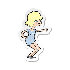 retro distressed sticker of a cartoon girl pointing