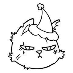 line drawing of a tough cat face wearing santa hat