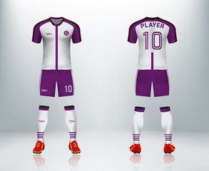 3D realistic of front and back of white and violet soccer jersey t-shirt with pants and socks on shop backdrop. Concept for soccer team uniform or football apparel mockup template in vector