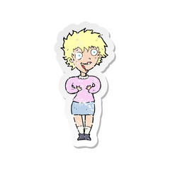 retro distressed sticker of a cartoon excited woman