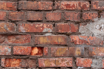 Old brick wall with scratches, cracks, dust, crevices, roughness. Can be used as a poster or background for design.