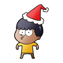 gradient cartoon of a curious boy wearing santa hat