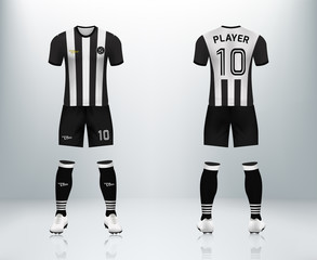 3D realistic of front and back of black and whit stripe soccer jersey t-shirt with pants and socks on shop backdrop. Concept for soccer team uniform or football apparel mockup template in vector