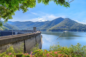 Bhumibol Dam with hydroelectric power plant and reservoir lake on Ping River, Tak, Thailand 
