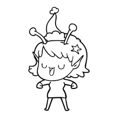 happy alien girl line drawing of a wearing santa hat