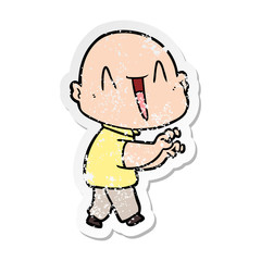 distressed sticker of a happy cartoon bald man