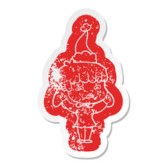 cartoon distressed sticker of a worried woman wearing santa hat