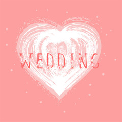 Vector illustration with hand drawn text WEDDING and grunge heart on pinkbackground.