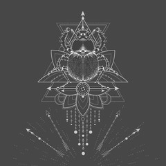 Vector illustration with hand drawn Scarab and Sacred geometric symbol on black background. Abstract mystic sign.