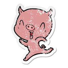 distressed sticker of a happy cartoon pig running