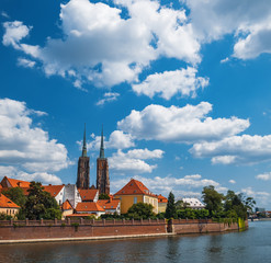 Obraz premium Famous tourist destination in Wroclaw. Cathedral Tumski Island is the oldest part of the Wroclaw, Poland.