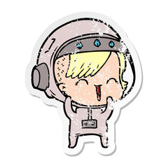 distressed sticker of a cartoon laughing astronaut girl