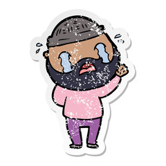distressed sticker of a cartoon bearded man crying