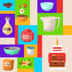 Baking cartoon tools round pattern. Kitchen utensils. Baking ingredients set sugar, vanilla, flour, oil, butter, baking soda, birthday cake, eggs. Cooking vector illustration.