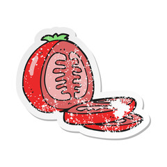 retro distressed sticker of a cartoon sliced tomato
