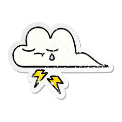 distressed sticker of a cute cartoon thunder cloud