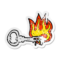 retro distressed sticker of a cartoon flaming key