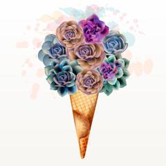 Fashion illustration, T-shirt print with creative ice cream from succulents