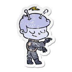 distressed sticker of a friendly cartoon spaceman pointing