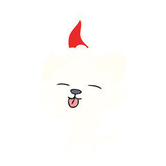 flat color illustration of a dog sticking out tongue wearing santa hat