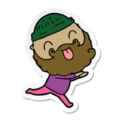 sticker of a running man with beard sticking out tongue