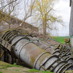 Outlet pipes of a water pumping station. Pipes of large diameter